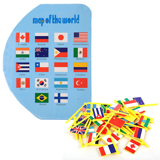 Educational Wooden World Map with 36 National Flags for Montessori Kids ...