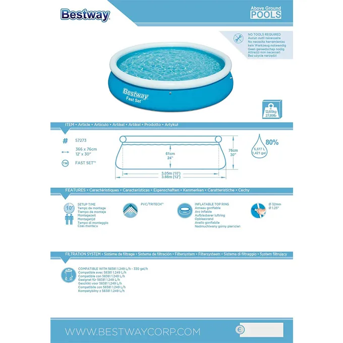 Bestway - Fast Set Inflatable Round Ground Swimming pool - 12 ft - 57273