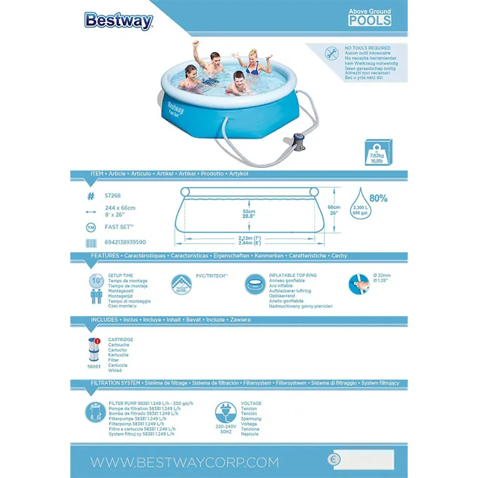 Fast Above Ground Pool Set 244x66 cm - Easy Setup Pool for Kids - Image 4