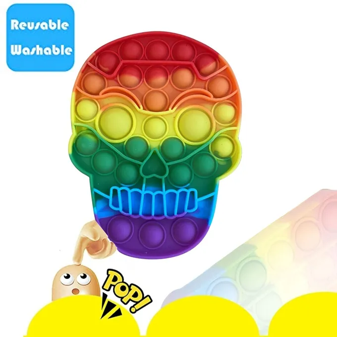 Push Pop Bubble Fidget Spinner - 6-Inch Rainbow Skull Design - Image 3
