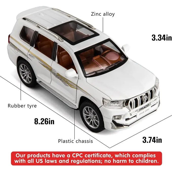 Toyota Prado 1:24 Scale Model - Pull-Back Car with Lights and Sound (White) - Image 3