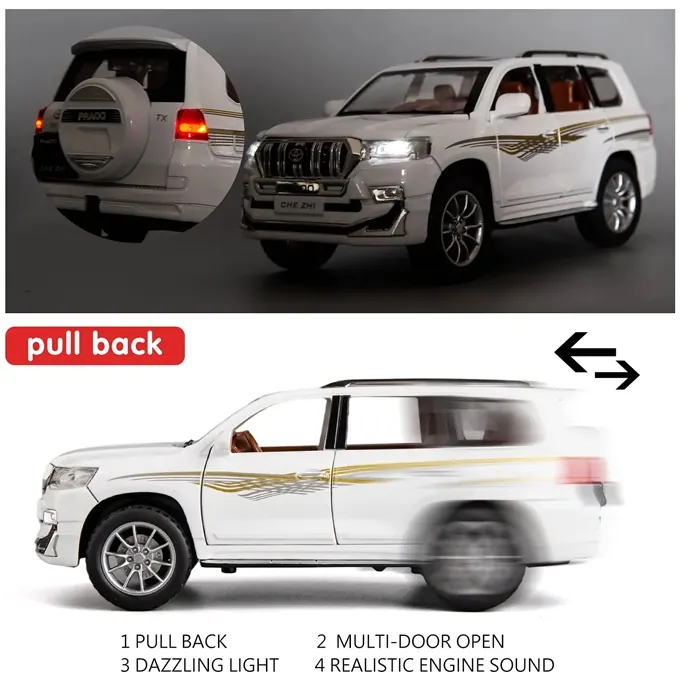 Toyota Prado 1:24 Scale Model - Pull-Back Car with Lights and Sound (White) - Image 4