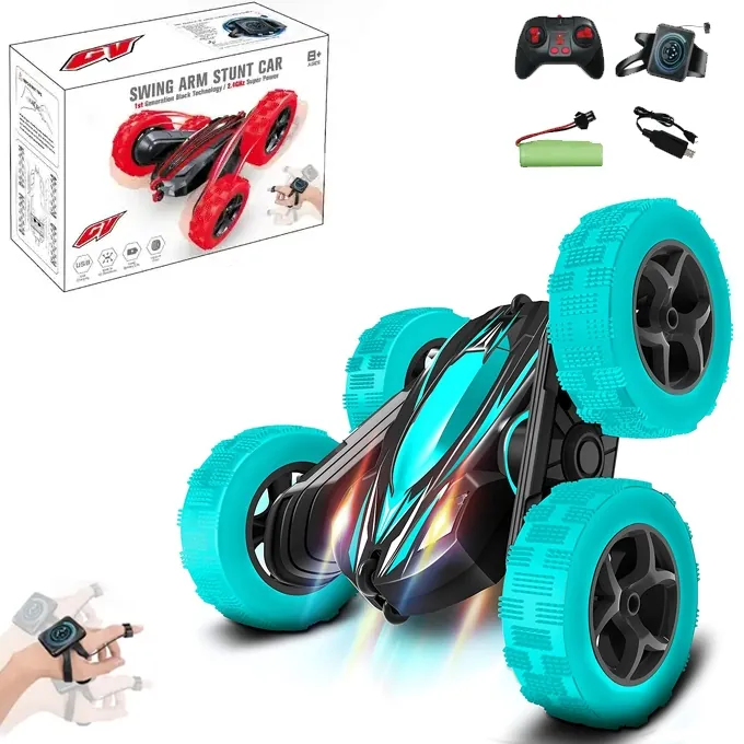 Remote Control Flip Car with Watch Control - 2-in-1 Rechargeable Toy with Lights and Music