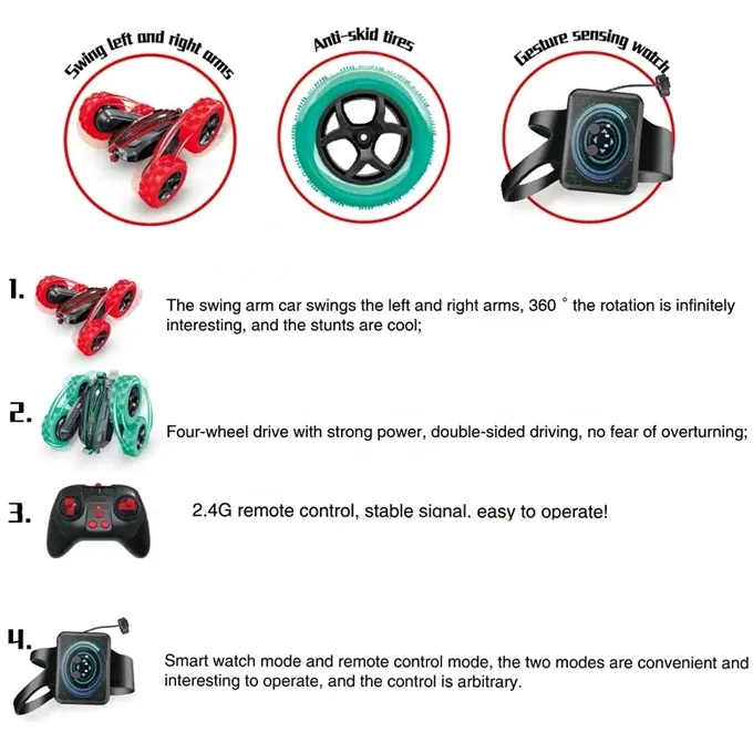 Remote Control Flip Car with Watch Control - 2-in-1 Rechargeable Toy with Lights and Music - Image 4