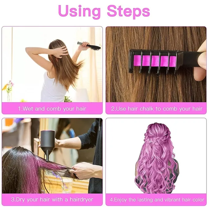 Vibrant Hair Makeover with Fashion Girl's 5 Color Hair Chalk Comb Set - Non-Toxic, Easy Application - Multicolor Beauty - Image 3