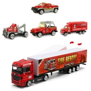 Fire Brigade Engine Rescue Cars With Container Truck - 4 pcs Die Cast Metal set
