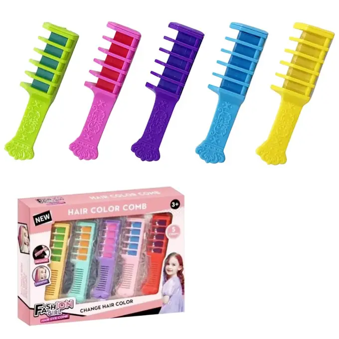 Vibrant Hair Makeover with Fashion Girl's 5 Color Hair Chalk Comb Set - Non-Toxic, Easy Application - Multicolor Beauty